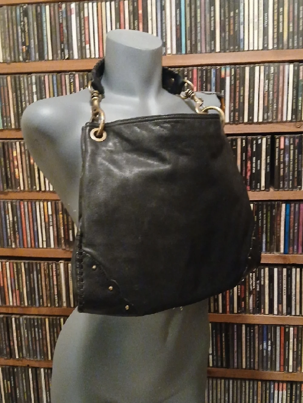 Gianni‎ Chiarini,Soft Black Leather Hobo with Brass Ring Details. Med. Sz.